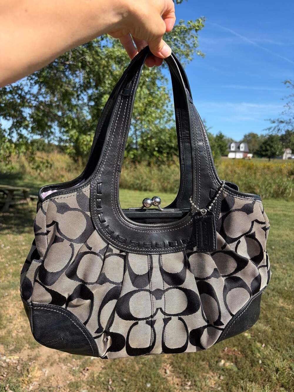 Vintage Coach Ergo Signature Kisslock Hobo Bag F12232 Black Khaki Y2K